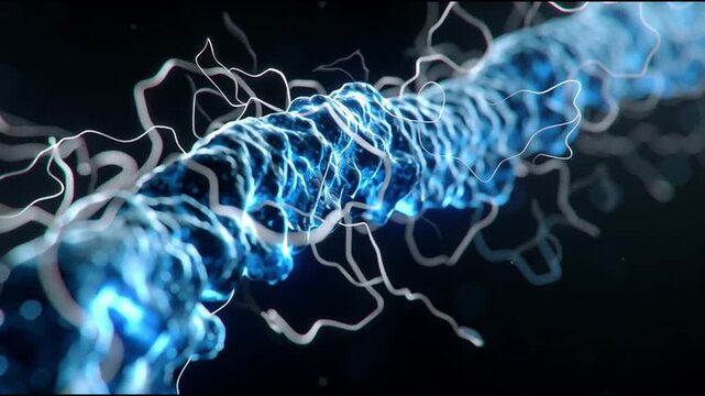 mRNA vaccine technology biotechnology research. Abstract depiction of molecular structures with glowing blue elements.