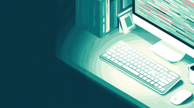 Computer showing source code on desk at night with keyboard and mouse