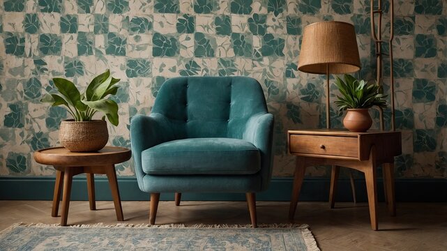 Teal velvet armchair and wooden side table in a room with patterned wallpaper. - Powered by Adobe