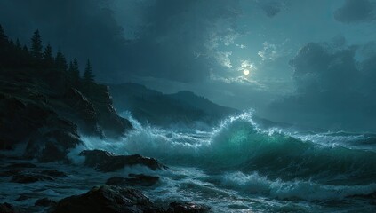 Stormy moonlit seascape. Dark, dramatic waves crash against a rocky coastline under a luminous moon. Dark, lush trees cling to the cliffs
