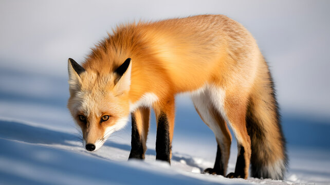 A beautiful red fox cautiously sniffs the snowy ground in a winter landscape.
