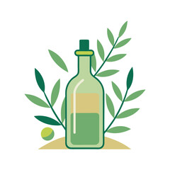 Olive Oil Bottle with Olives and Olive Branches 