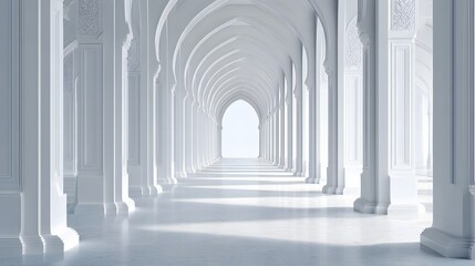 Obraz premium A long, arched hallway with white columns and arches.