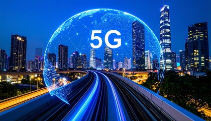 Futuristic city skyline with 5G network overlay