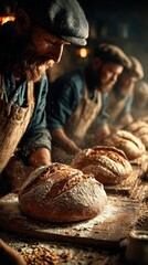 Master bakers preparing artisanal bread in a rustic bakery during the early morning hours