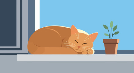 Ginger cat curled up asleep on a windowsill next to a potted plant