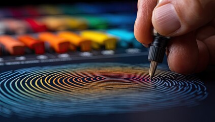 A hand holds a pen over a colorful fingerprint graphic. Colorful, rainbow-hued concentric circles form a fingerprint pattern on a dark surface. Colorful art supplies are visible in the background
