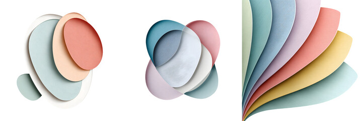 Pastel Abstract Paper Cut Shapes Set on White Background