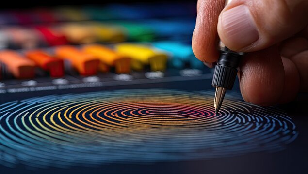 A hand holds a pen over a colorful fingerprint graphic.  Colorful, rainbow-hued concentric circles form a fingerprint pattern on a dark surface.  Colorful art supplies are visible in the background