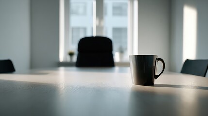 A Lone Coffee Mug on a Sunlit Boardroom Table an Empty Chair Awaits.