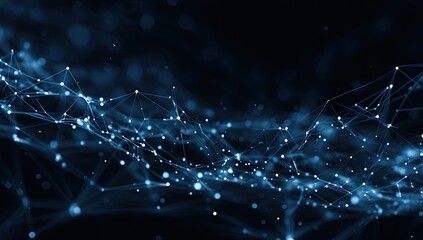 Abstract digital network.  Dark background with a complex web of interconnected light blue dots and lines