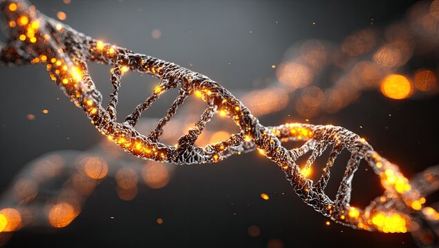 DNA helix, glowing with orange sparks.  Abstract, scientific