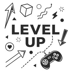 Level Up Gaming Concept with Controller Arrows Shapes and Dotted Line in Black and White