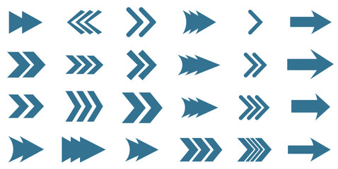 Collection of various arrow icons in different styles and directions. Arrows include straight, curved, and dotted designs. Perfect for navigation and design projects. Graphic element set. Vectors