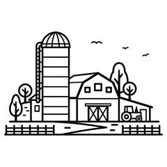 Naklejka premium Farm scene with barn, silo, tractor and fence isolated on white background