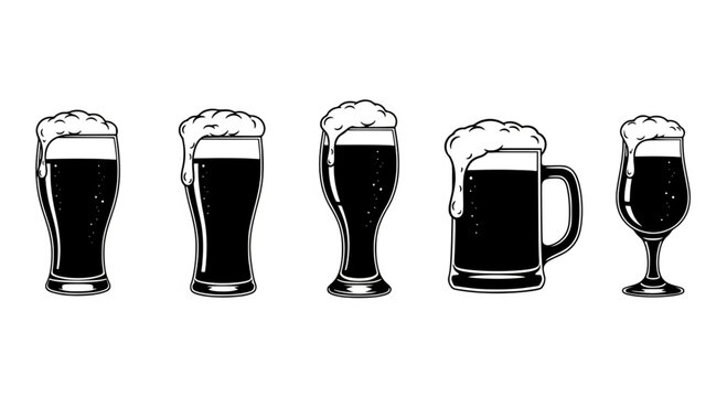 Set of beer glasses and a mug with foam icons. Vector isolated.