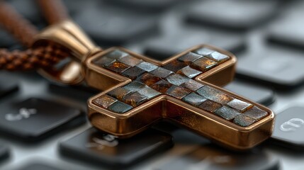 Unique design of a golden cross pendant resting on a keyboard showcases craftsmanship and modern technology intersection