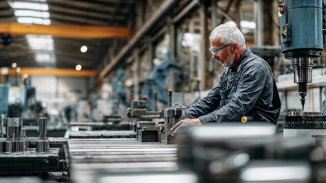 Machinist wearing safety goggles operates milling machine amid rows of metalworking equipment emphasizing professionalism in metal component production.
