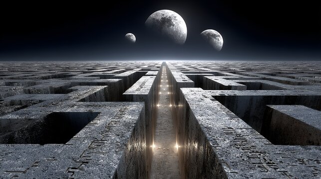 Lunar Labyrinth: An enigmatic labyrinth structure bathed in ethereal light under a night sky with multiple moons invites exploration and contemplation of endless choices and - Powered by Adobe