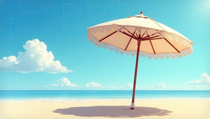 Ornate parasol on a sandy beach under a vibrant sky.