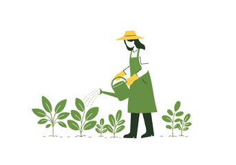 Gardener Watering Young Plants in a Green Outdoor Garden Illustration