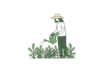 Illustration of a Gardener Watering Plants in a Green Garden Setting