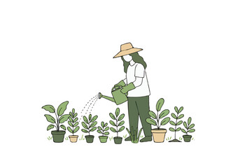 Woman Watering Garden Plants with a Watering Can in Nature Illustration