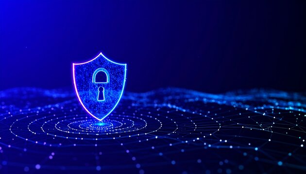 Futuristic digital illustration of a cybersecurity network with a glowing padlock and abstract data connections in blue neon tones. Perfect for tech blogs, data protection campaigns, and IT security v