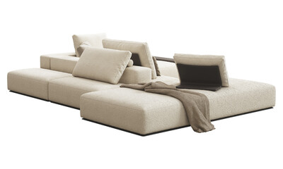 Modern beige boucle fabric upholstery sofa with pillows and throw plaid. 3d render.