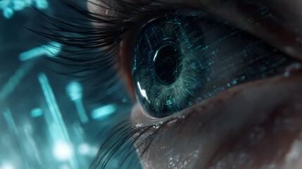Close-up of an eye with digital code overlay.