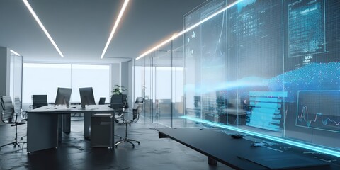 Futuristic Corporate Office with Advanced Holographic Data Analytics Display.
