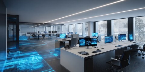 Futuristic smart office with a glowing blue digital grid integrated into the floor connecting modern workstations.