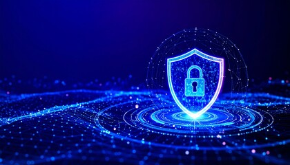 Futuristic digital illustration of a cybersecurity network with a glowing padlock and abstract data connections in blue neon tones. Perfect for tech blogs, data protection campaigns, and IT security v