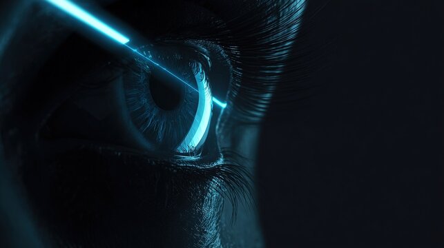 A futuristic mechanical eye with neon blue light shining on a minimalist dark background, showcasing sci-fi aesthetics and advanced technology concepts.