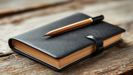 Naklejka premium Close-up of a black leather notebook with a pencil resting beside it on a rustic wooden surface