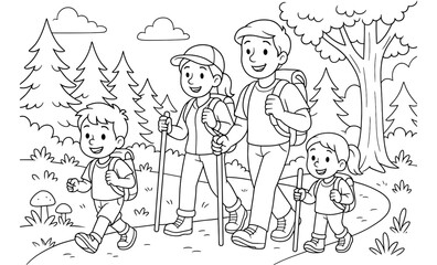 Fototapeta premium Family hiking adventure in nature - black and white cartoon design