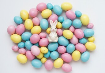 Pastel Easter eggs surrounding a small bunny