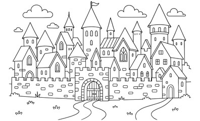 Fototapeta premium Medieval castle with towers and walls in linear style with clouds