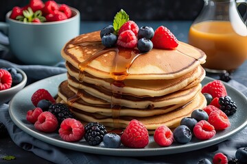 Indulge in delicious fluffy pancakes piled high with fresh berries and drizzled with golden syrup.
