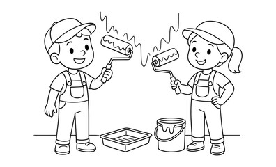 Kids painting wall coloring page with cartoon painters in overalls