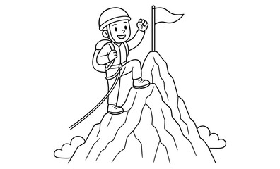 Obraz premium Adventurous climber reaches mountain summit outline with flag and clouds