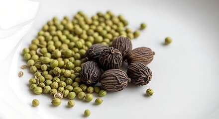 Obraz premium Coriander Seeds and Black Cardamom Pods on White Background