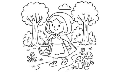 Childhood adventure: little girl walking in enchanted forest line art