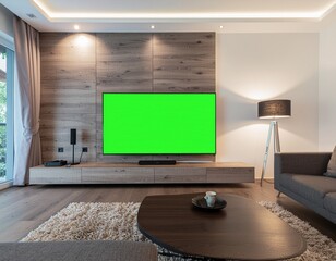 Modern living room interior with television featuring a green screen for easy digital replacement