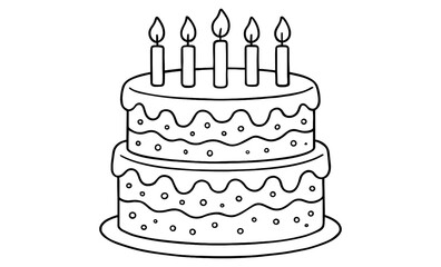 Black and white birthday cake with candles line art