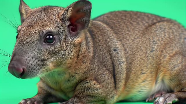 Close-up of a Cute Brown Rodent or Agouti Resting on a Vibrant Green Studio Background, Showcasing Its Detailed Fur and Expressive Eyes