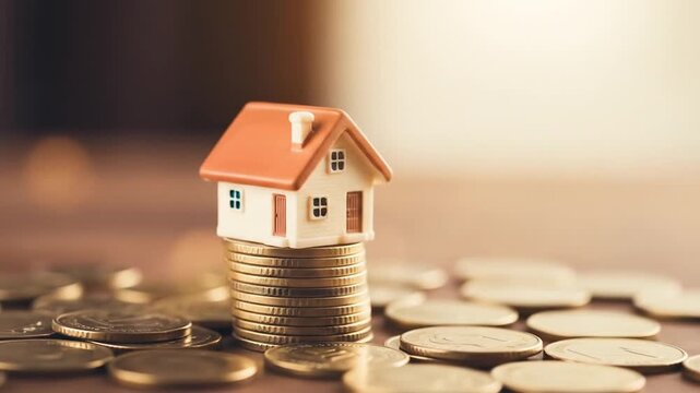 Miniature house sits atop a stack of coins, surrounded by scattered coins on a blurred surface.