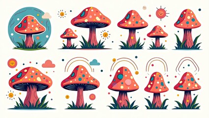 Collection of whimsical, colorful mushroom illustrations.