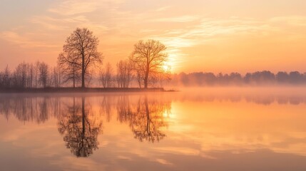 Obraz premium Serene pastel orange sunset over tranquil lake with tree reflections and gentle morning mist