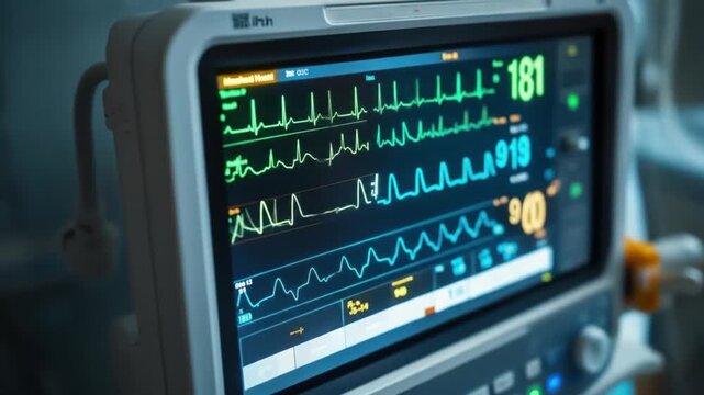 Close-up of a Medical Patient Monitor Displaying Dynamic Vital Signs and ECG Waveforms in a Healthcare Environment